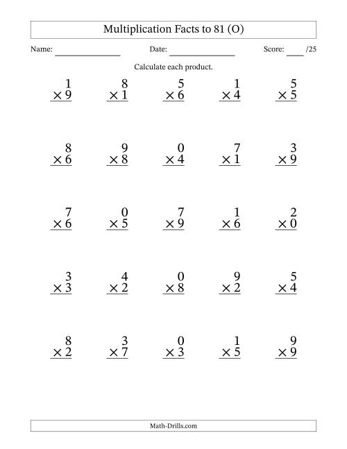 The Multiplication Facts to 81 (25 Questions) (With Zeros) (O) Math Worksheet
