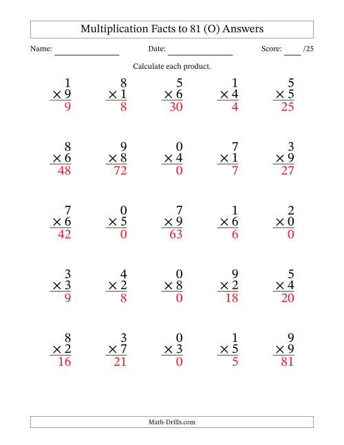 The Multiplication Facts to 81 (25 Questions) (With Zeros) (O) Math Worksheet Page 2