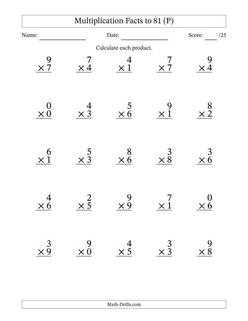 The Multiplication Facts to 81 (25 Questions) (With Zeros) (P) Math Worksheet