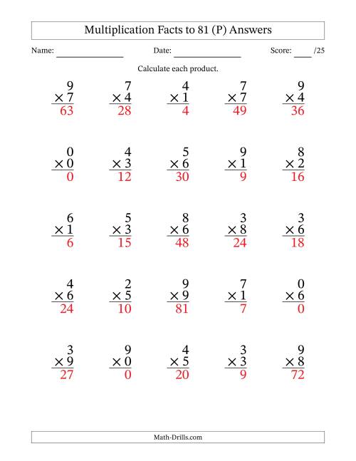 The Multiplication Facts to 81 (25 Questions) (With Zeros) (P) Math Worksheet Page 2