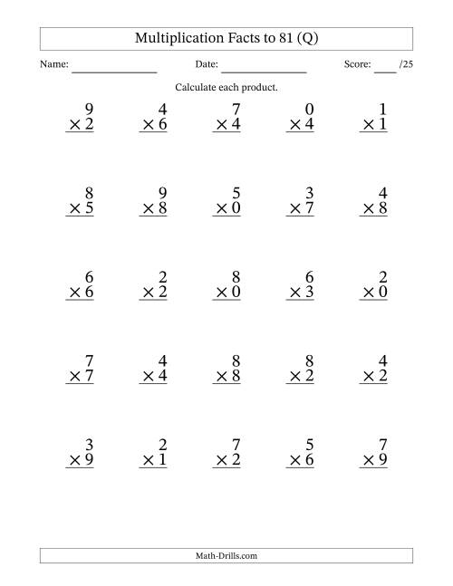 The Multiplication Facts to 81 (25 Questions) (With Zeros) (Q) Math Worksheet