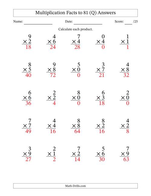 The Multiplication Facts to 81 (25 Questions) (With Zeros) (Q) Math Worksheet Page 2