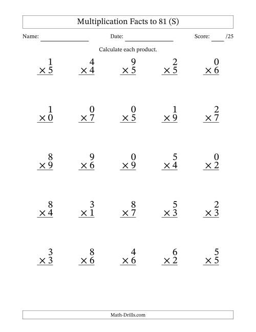 The Multiplication Facts to 81 (25 Questions) (With Zeros) (S) Math Worksheet