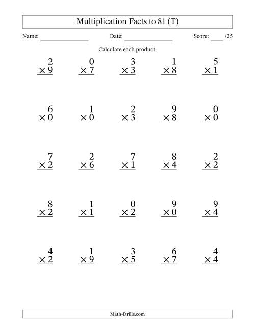 The Multiplication Facts to 81 (25 Questions) (With Zeros) (T) Math Worksheet