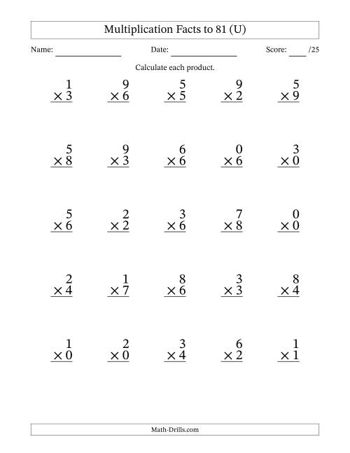 The Multiplication Facts to 81 (25 Questions) (With Zeros) (U) Math Worksheet
