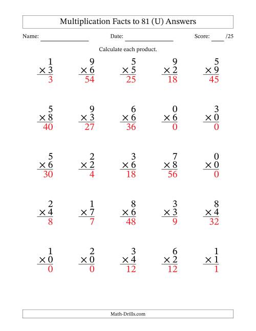The Multiplication Facts to 81 (25 Questions) (With Zeros) (U) Math Worksheet Page 2