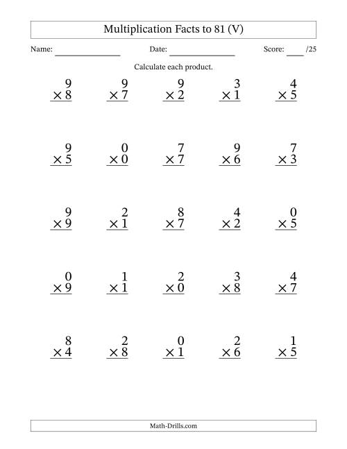 The Multiplication Facts to 81 (25 Questions) (With Zeros) (V) Math Worksheet