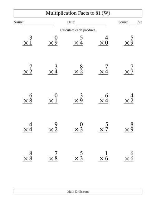 The Multiplication Facts to 81 (25 Questions) (With Zeros) (W) Math Worksheet