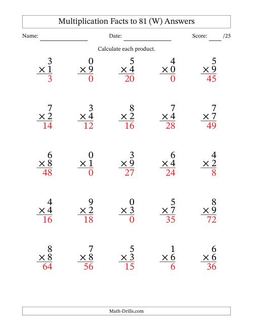 The Multiplication Facts to 81 (25 Questions) (With Zeros) (W) Math Worksheet Page 2