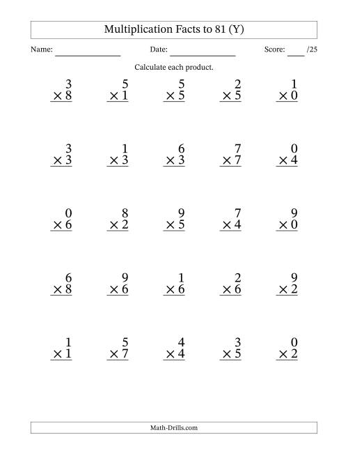 The Multiplication Facts to 81 (25 Questions) (With Zeros) (Y) Math Worksheet