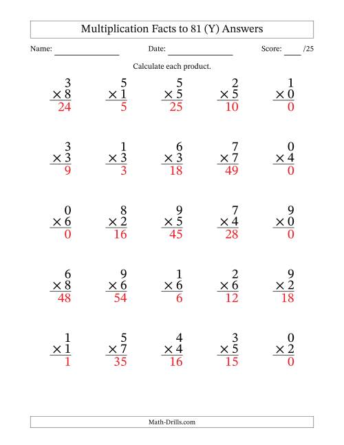 The Multiplication Facts to 81 (25 Questions) (With Zeros) (Y) Math Worksheet Page 2
