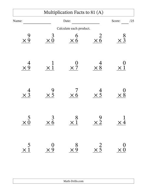 The Multiplication Facts to 81 (25 Questions) (With Zeros) (All) Math Worksheet