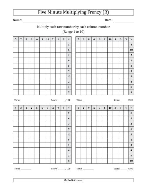 The Five Minute Multiplying Frenzy (Factor Range 1 to 10) (4 Charts) (Left-Handed) (R) Math Worksheet