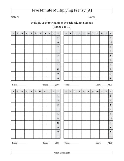 The Five Minute Multiplying Frenzy (Factor Range 1 to 10) (4 Charts) (Left-Handed) (All) Math Worksheet