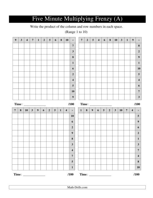 The Five Minute Multiplying Frenzy -- Four Left-Handed Charts per Page (Range 1 to 10) (Old) Math Worksheet