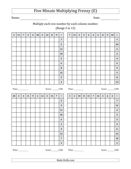 The Five Minute Multiplying Frenzy (Factor Range 2 to 12) (4 Charts) (Left-Handed) (E) Math Worksheet