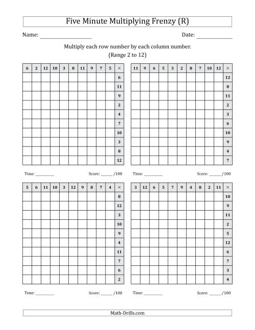 The Five Minute Multiplying Frenzy (Factor Range 2 to 12) (4 Charts) (Left-Handed) (R) Math Worksheet