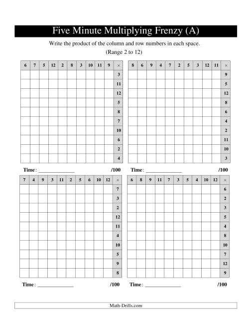 The Five Minute Multiplying Frenzy -- Four Left-Handed Charts per Page (Range 2 to 12) (Old) Math Worksheet