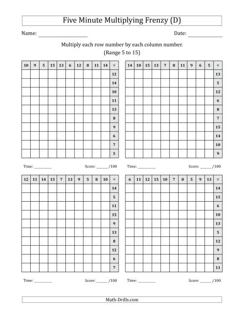 The Five Minute Multiplying Frenzy (Factor Range 5 to 15) (4 Charts) (Left-Handed) (D) Math Worksheet