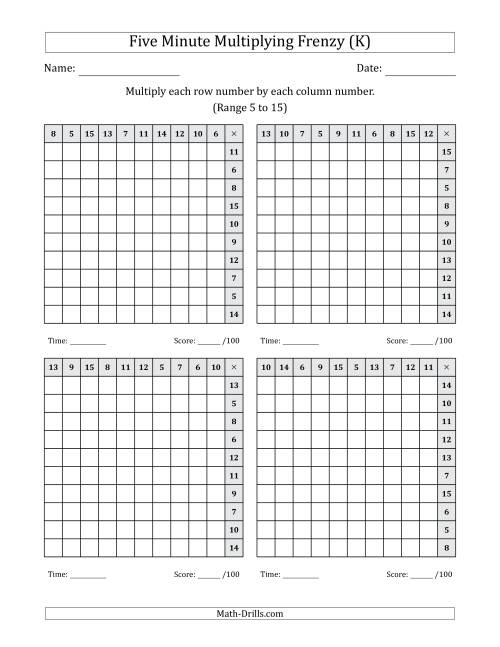 The Five Minute Multiplying Frenzy (Factor Range 5 to 15) (4 Charts) (Left-Handed) (K) Math Worksheet