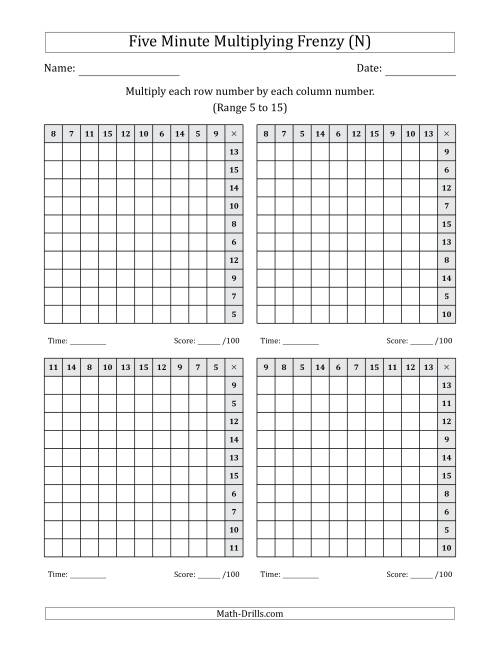 The Five Minute Multiplying Frenzy (Factor Range 5 to 15) (4 Charts) (Left-Handed) (N) Math Worksheet