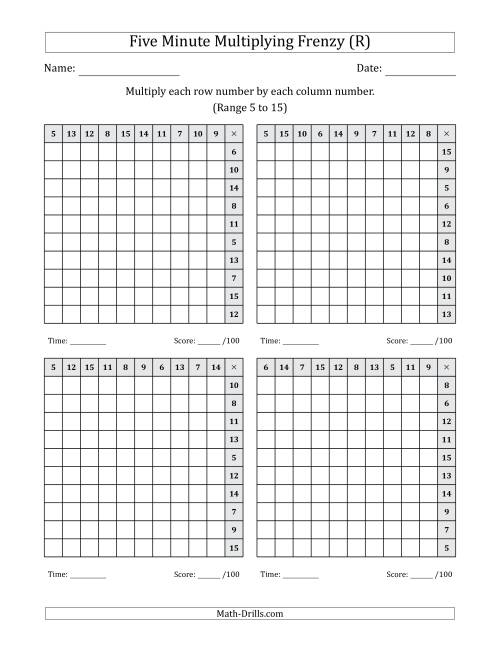 The Five Minute Multiplying Frenzy (Factor Range 5 to 15) (4 Charts) (Left-Handed) (R) Math Worksheet