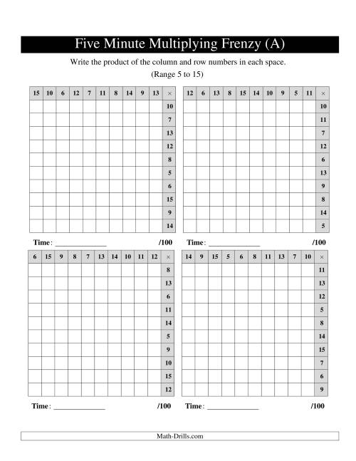 The Five Minute Multiplying Frenzy -- Four Left-Handed Charts per Page (Range 5 to 15) (Old) Math Worksheet