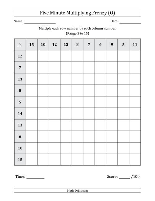 The Five Minute Multiplying Frenzy (Factor Range 5 to 15) (O) Math Worksheet