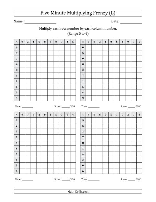 The Five Minute Multiplying Frenzy (Factor Range 0 to 9) (4 Charts) (L) Math Worksheet