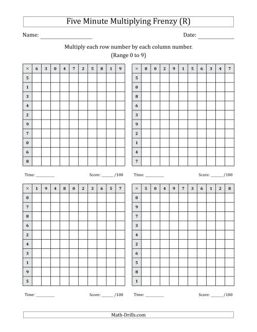The Five Minute Multiplying Frenzy (Factor Range 0 to 9) (4 Charts) (R) Math Worksheet