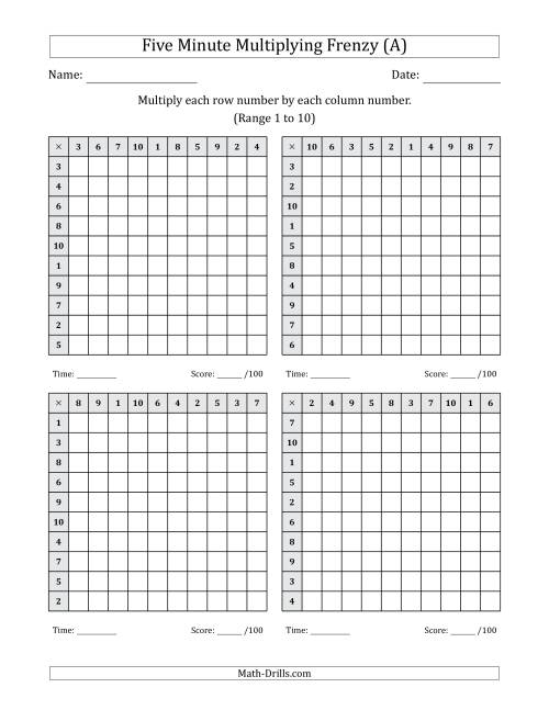 The Five Minute Multiplying Frenzy (Factor Range 1 to 10) (4 Charts) (A) Math Worksheet