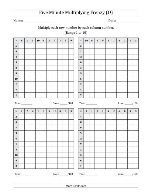 The Five Minute Multiplying Frenzy (Factor Range 1 to 10) (4 Charts) (O) Math Worksheet