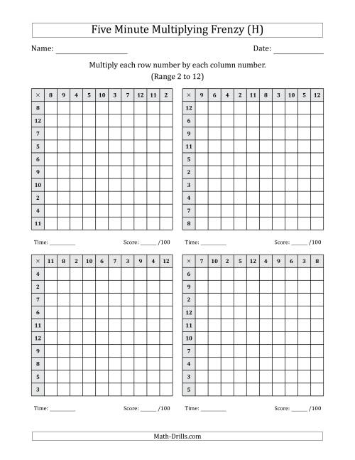The Five Minute Multiplying Frenzy (Factor Range 2 to 12) (4 Charts) (H) Math Worksheet