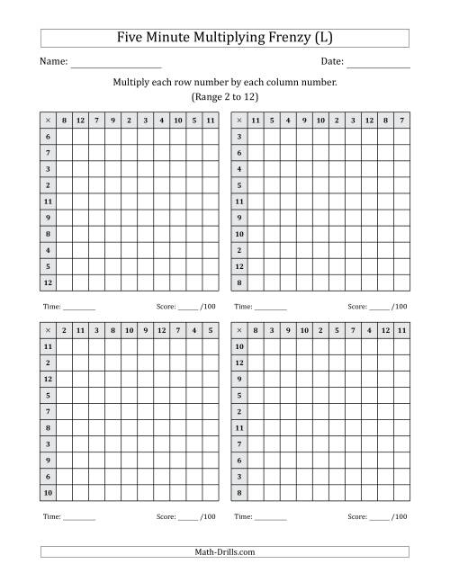 The Five Minute Multiplying Frenzy (Factor Range 2 to 12) (4 Charts) (L) Math Worksheet
