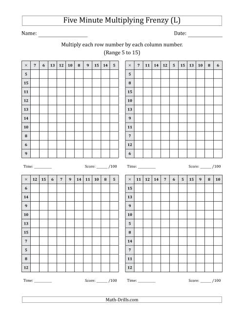 The Five Minute Multiplying Frenzy (Factor Range 5 to 15) (4 Charts) (L) Math Worksheet