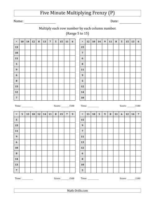 The Five Minute Multiplying Frenzy (Factor Range 5 to 15) (4 Charts) (P) Math Worksheet