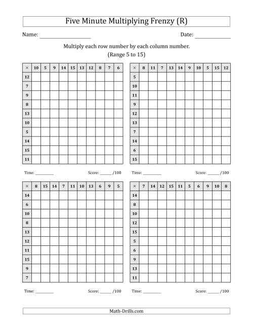 The Five Minute Multiplying Frenzy (Factor Range 5 to 15) (4 Charts) (R) Math Worksheet