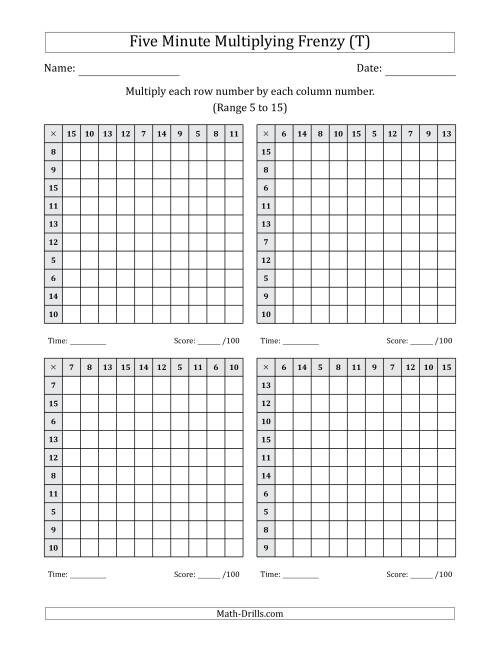 The Five Minute Multiplying Frenzy (Factor Range 5 to 15) (4 Charts) (T) Math Worksheet