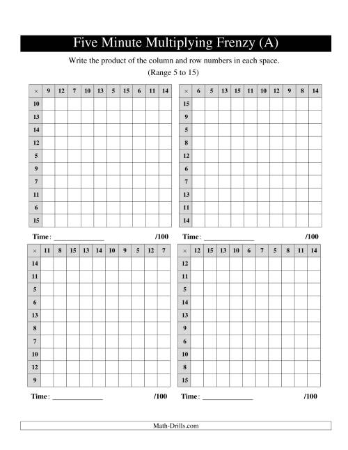The Five Minute Multiplying Frenzy -- Four Charts per Page (Range 5 to 15) (Old) Math Worksheet