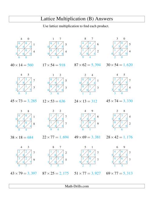 The Lattice Multiplication -- Two-digit by Two-digit (B) Math Worksheet Page 2