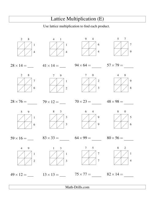 The Lattice Multiplication -- Two-digit by Two-digit (E) Math Worksheet