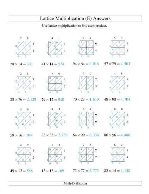 The Lattice Multiplication -- Two-digit by Two-digit (E) Math Worksheet Page 2