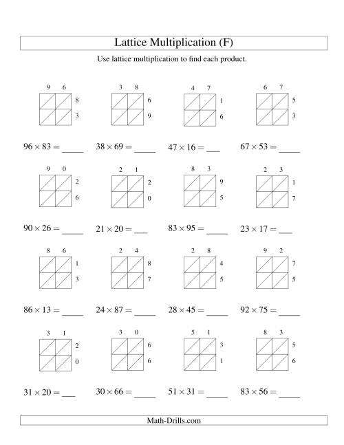The Lattice Multiplication -- Two-digit by Two-digit (F) Math Worksheet