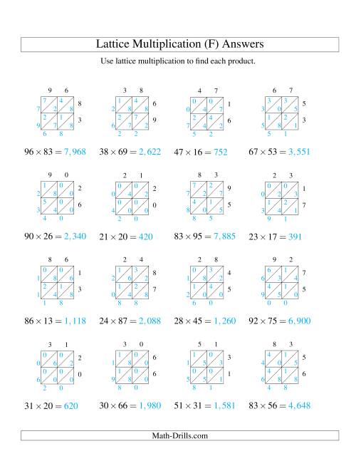 The Lattice Multiplication -- Two-digit by Two-digit (F) Math Worksheet Page 2