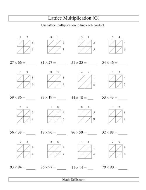 The Lattice Multiplication -- Two-digit by Two-digit (G) Math Worksheet