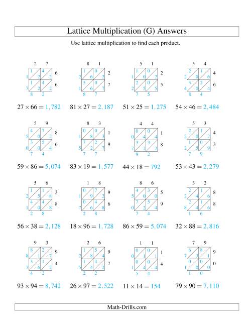 The Lattice Multiplication -- Two-digit by Two-digit (G) Math Worksheet Page 2