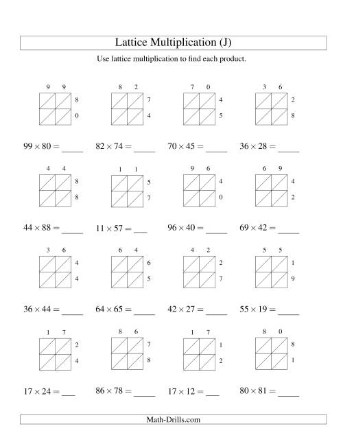 The Lattice Multiplication -- Two-digit by Two-digit (J) Math Worksheet