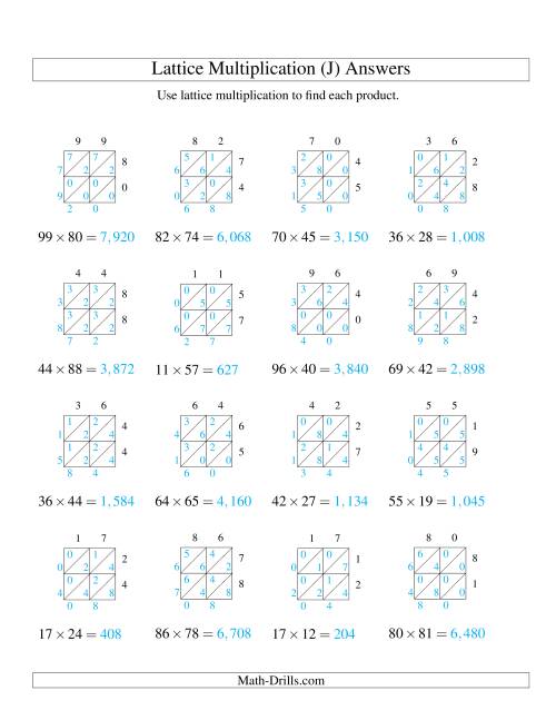 The Lattice Multiplication -- Two-digit by Two-digit (J) Math Worksheet Page 2