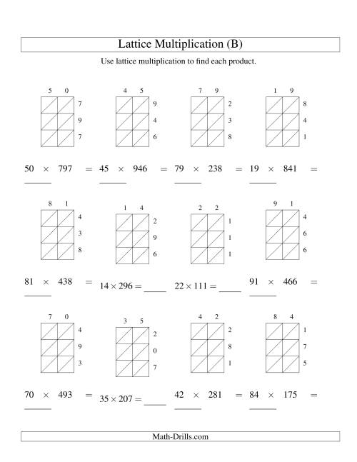 The Lattice Multiplication -- Two-digit by Three-digit (B) Math Worksheet
