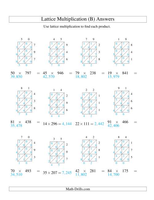 The Lattice Multiplication -- Two-digit by Three-digit (B) Math Worksheet Page 2
